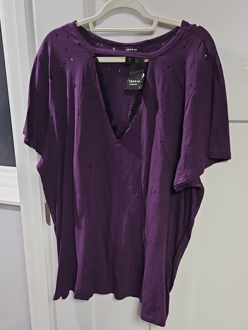 torrid Deep Purple Distressed V-Neck Short Sleeve Tee